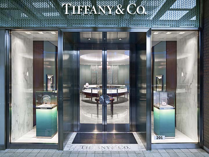 Exterior view of Tiffany & Co. jewelry store in Salt Lake City, showcasing its iconic blue signage