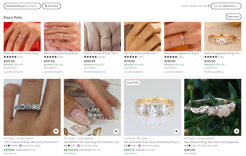 Screenshot of Etsy's search results page for 'diamond engagement rings,' displaying a variety of ring styles and settings from multiple sellers, with filters and search bar visible at the top.