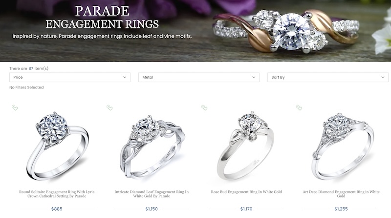 Screenshot of Brilliance.com's Parade Design engagement ring search page, showcasing a variety of engagement ring styles and settings.