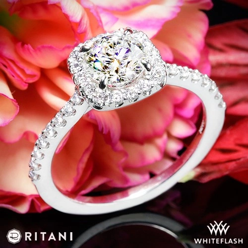 Ritani French-Set Cushion Halo Diamond Band Engagement Ring in 1.8 mm width, designed to hold center diamonds ranging from 0.40 to 2.99 carats, featuring round diamonds totaling 0.45 ctw with G/H color and VS clarity.