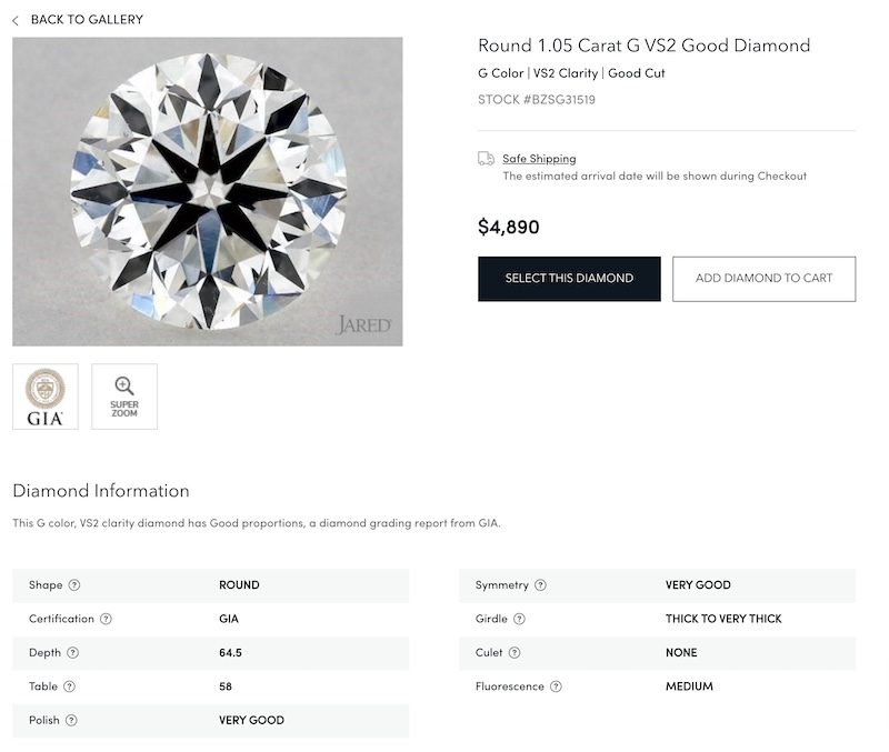 Screenshot of a round 1.05 carat diamond with G color and VS2 clarity, listed as having a good cut on the Jared website. The page includes basic information about the diamond and features a video of the diamond, but lacks any light performance images.