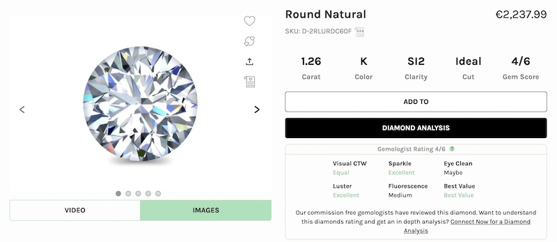 A detailed image of a 1.26 carat round diamond with ideal cut, K color, and SI2 clarity, certified by GIA, displayed on Ritani's website.