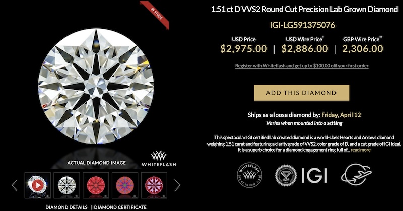 An online showcase of a 1.51 carat, D color, VVS2 clarity round ideal cut lab-grown diamond, IGI certified, available on Whiteflash.