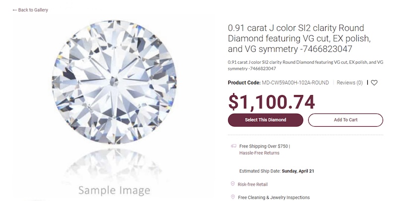 Screenshot showing a 'sample image' of a diamond from The Jewelry Exchange website, indicating that the image may not represent the actual diamond being sold.