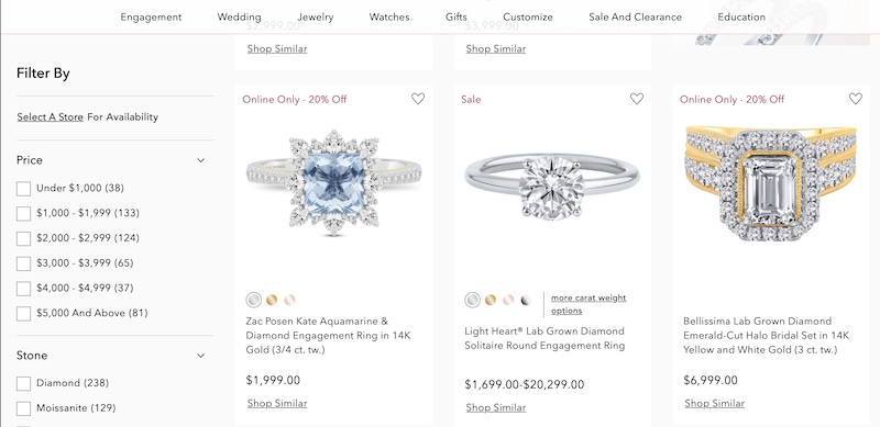 Screenshot of the "Shop All Styles" engagement rings page on Helzberg Diamonds' website, showcasing a variety of ring designs.
