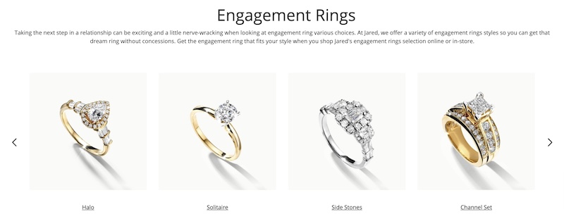 Screenshot of Jared's online search page for diamond engagement rings. The page displays a variety of ring settings and styles, including options for metal type and gemstones.