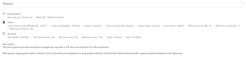 Screenshot of the diamond details section from Helzberg Diamonds' website for a round diamond solitaire engagement ring in 14K white gold, showing specifications but lacking any mention of diamond certification.
