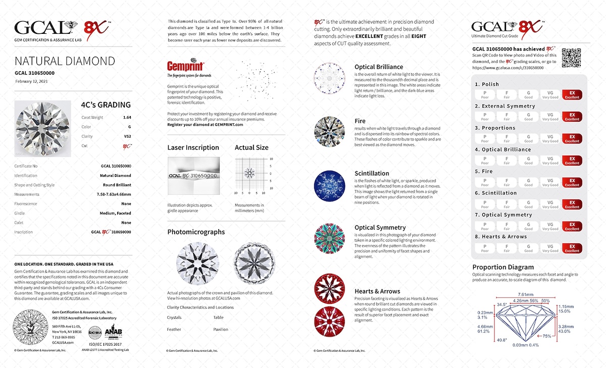 A detailed GCAL 8X diamond certification report showcasing a natural diamond. The report includes comprehensive grading information such as carat weight, color, clarity, and cut. It features photomicrographs, laser inscription, actual size measurements, and a proportion diagram. The report also covers the 8X cut grade criteria: polish, external symmetry, proportions, optical brilliance, fire, scintillation, optical symmetry, and hearts & arrows. Additional features include Gemprint® registration and a QR code for online verification.