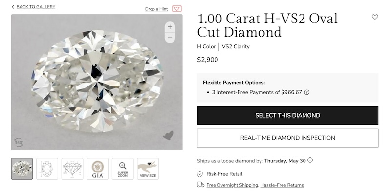 A 1.00 carat H-VS2 oval cut diamond displayed on James Allen's website. The diamond is priced at $2,900 and features H color and VS2 clarity. The image showcases a detailed close-up of the diamond, highlighting its brilliance and facets.