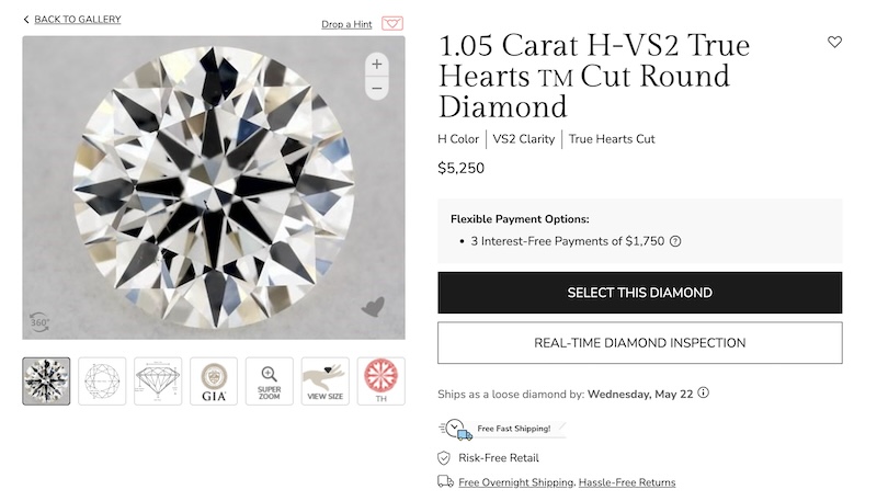 A 1.05 carat H-VS2 True Hearts™ cut round diamond displayed on James Allen's website. The diamond is priced at $5,250 and features H color and VS2 clarity. The image shows a detailed close-up of the diamond, with additional icons for 360° view, super zoom, and hearts image.