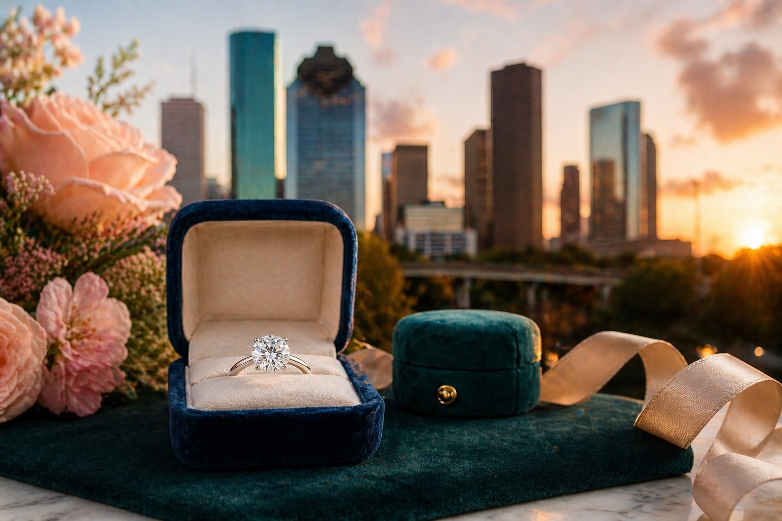 Diamond engagement ring in an open velvet box with flowers and Houston skyline at sunset in the background